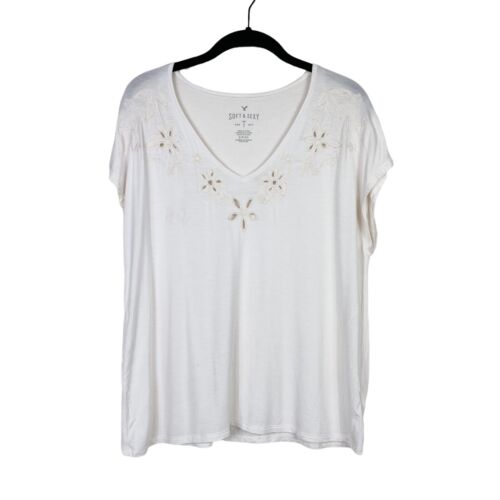 American Eagle Soft & Sexy Top S Ivory Floral Embroidered Dolman Short Sleeve