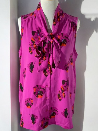 Rachel Zoe Womens Floral Sleeveless Blouse Bow Neck Tie Pink Black NEW Large - Picture 6 of 9