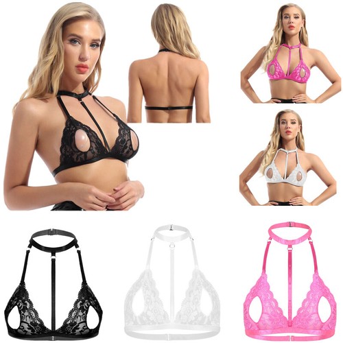 Womens Sheer Lace Unlined Wireless Bra Top Bustier Halter Neck Strappy Brassiere - Afbeelding 1 van 38