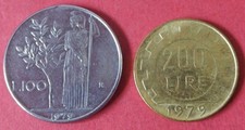 ITALY PAIR(2) OF VINTAGE 1979 ONE & TWO HUNDRED LIRA COINS IN COLLECTABLE GRADES