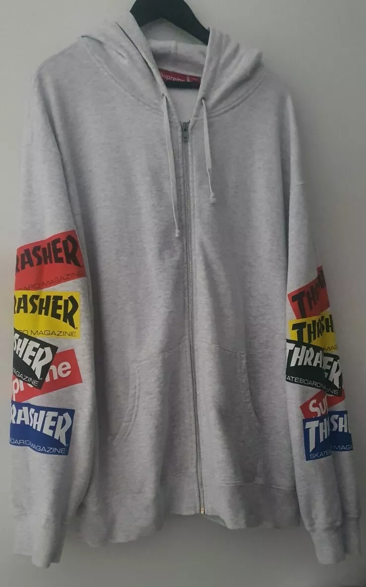 Sweat à capuche FW21 Supreme x Thrasher Multi Logo zippé gris cendre 2XL taille XXL