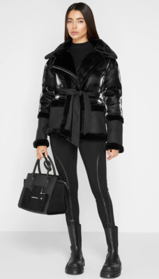 MANIERE DE VOIR VEGAN LEATHER AND PLUSH PUFFER JACKET WITH BELT