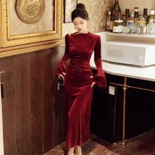 Femme Velours Robes Faux Cou Évasé Manche Midi Robe Plissée Robe Soirée Sexy