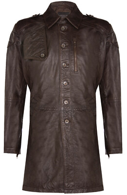 Brauner Herren Leder Trenchcoat Original Klassisch Retro Lange Jacke