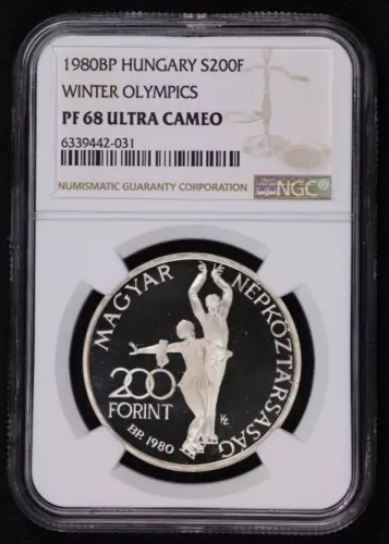 1980 HUNGARY 200 FORINT SILVER - WINTER OLYMPICS - NGC PF 68 Ultra Cameo
