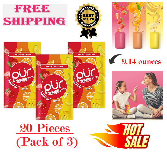 Pack of 3) PUR Jumbo Gum Aspartame Free Chewing Gum 100% Xylitol 