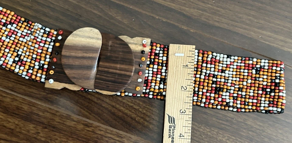 Vtg Beaded Belt Wide Elastic Stretch Red Orange White Teal Boho L Western Look - Image 4 of 4