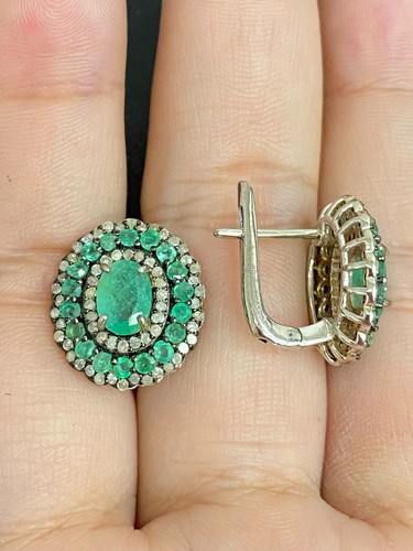 NATURAL EMERALD 7X5 NATURAL DIAMOND STERLING SILVER 925 RING EARRING - 第 6/13 張圖片