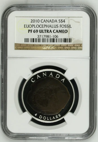 CANADA -SPECTACULAR RARE NGC GRADED EUOPLOCEPHALUS FOSSIL SILVER 4 DOLLARS, 2010