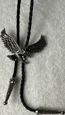 Adjustable Black Leather & Silver Metal Bolo Tie with Eagle Design for Men