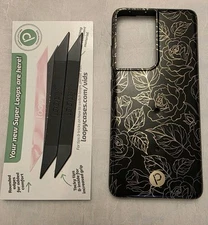 LOOPY Case Samsung Galaxy S21 ULTRA Black w Gold Metallic Roses + 2 New Loops