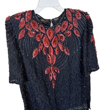 Vintage 100 Silk Beaded Sequined Top Blouse Black Multi Color M Holiday Party