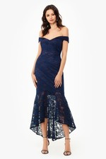 Xscape Off-the-Shoulder Flounce Lace Dress SZ 8 Navy