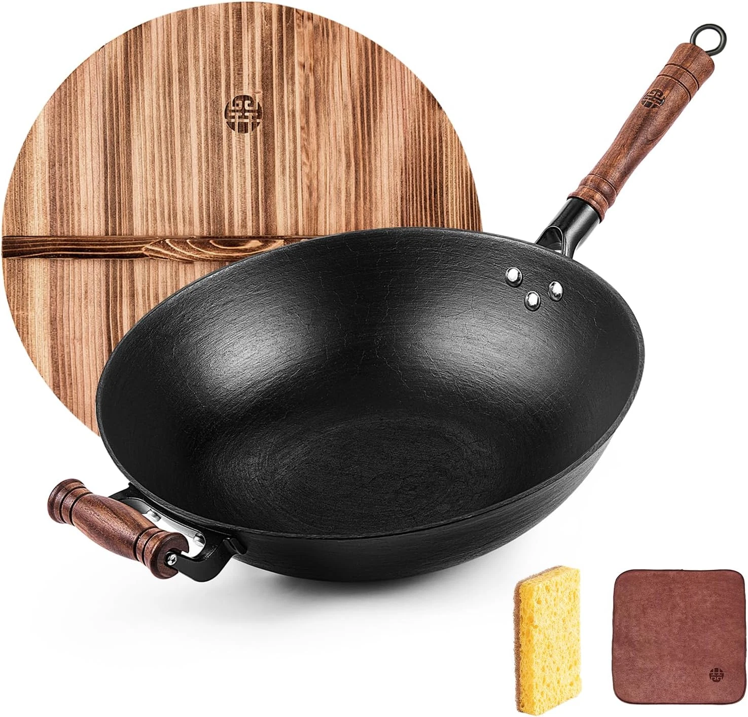12" Cast Iron Wok with Lid & Wooden Handle - All Cooktops, Free Dishcloth & Brus