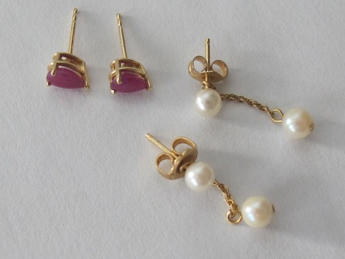 (2) Pr Pierced Red Gemstone & 14K Yellow Gold & Pearl DANGLE DROP Earrings B2 - Picture 2 of 6