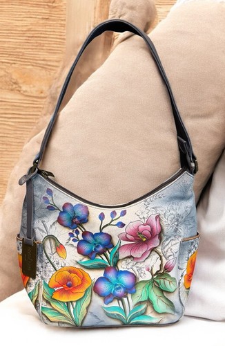 Anuschka Hobo Schultertasche handbemalt Blumen Fantasy Design Leder