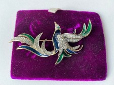Brosche silberfarben Paradiesvogel mit weißen Strass Steinen Modeschmuck Vintage