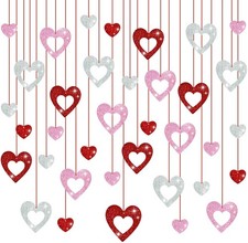 36PCS Valentine's Day Decorations Glitter Heart Hanging Swirls, Red Pink Silv...