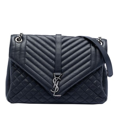 Saint Laurent Large Triquilt Sheepskin Monogram College Tasche Pre-Loved Marine
