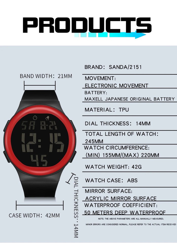 Men Watch Digital Waterproof Sport Men's Big Numbers Outdoor Electronic