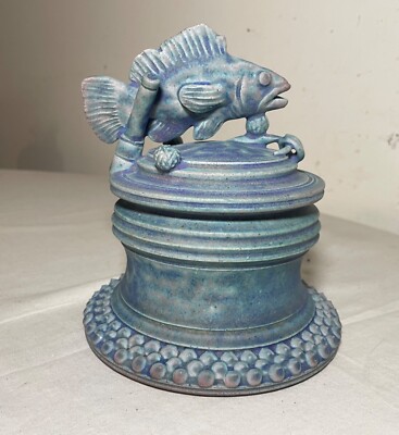 MCM vintage Handmade TIM MATHER Studio Pottery Stoneware Covered Fish Dish Jar