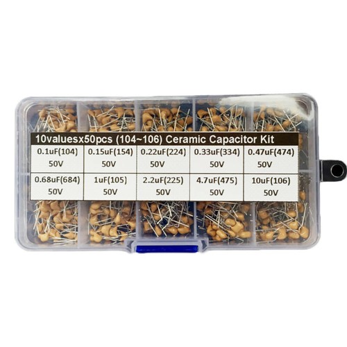 500pcs 10 Values 0.1uF~10uF 50V Ceramic Capacitor Assorted Kit Assortment Set - Picture 4 of 8