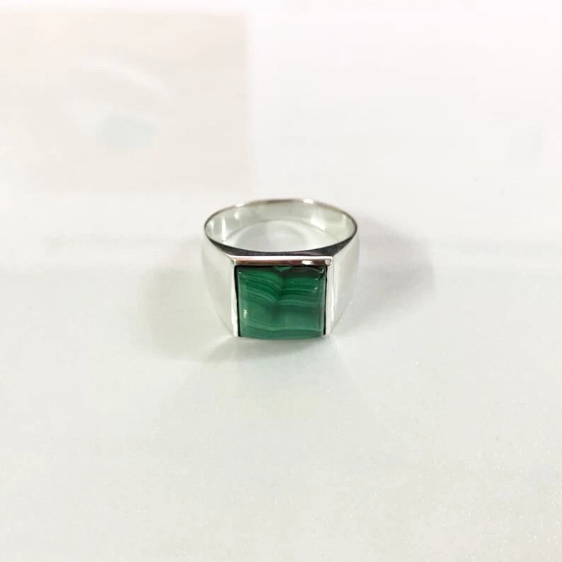 Anillo de plata de ley 925 con sello de malaquita natural para hombre regalo para él Foto 3 de 4