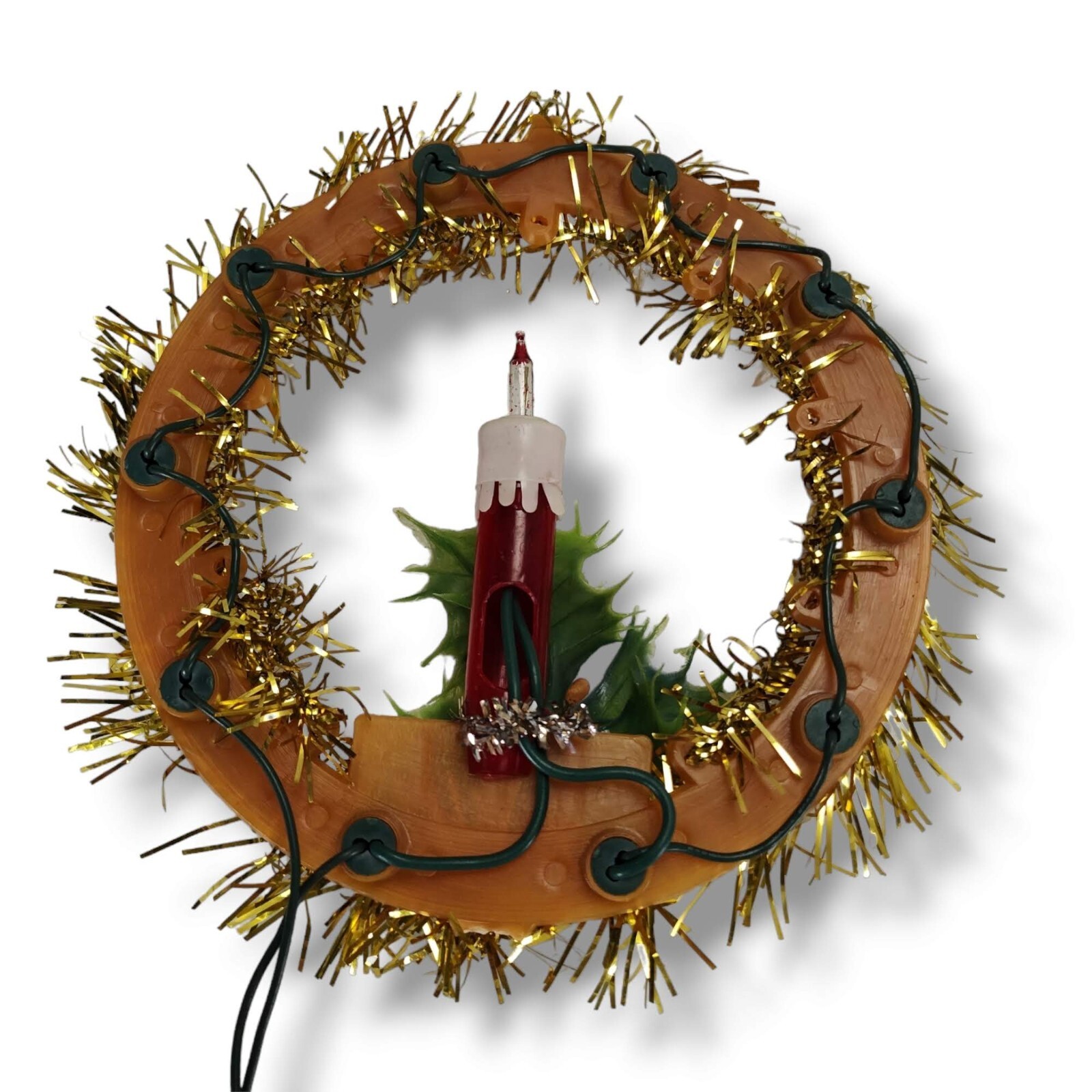 Vintage Gold Tinsel Lighted Wreath Tree Topper 11 Light Candle Holly