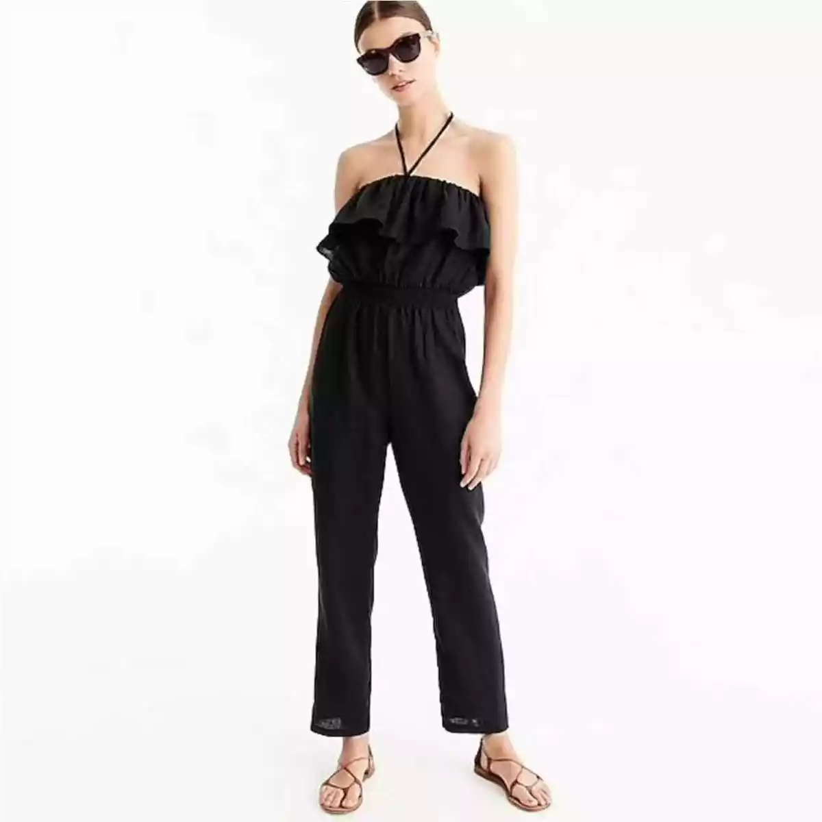 LONG RUFFLED HALTER JUMPSUIT - Black