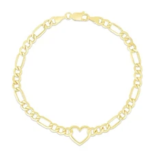 14K Yellow Gold 4.5mm Figaro Heart Charm Bracelet (Hollow) 7"
