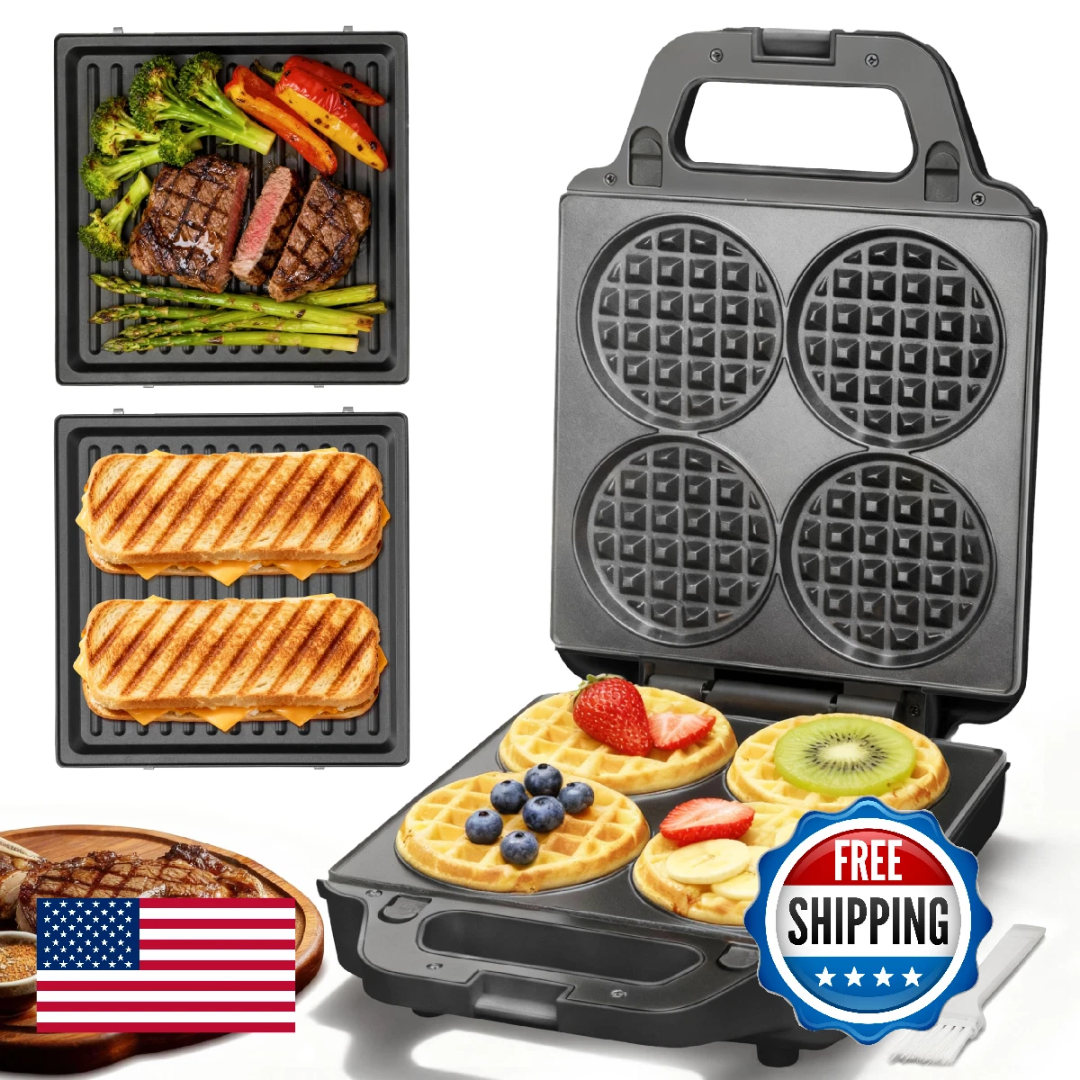 SugarWhisk 2 in 1 Mini Waffle Maker with Removable Plates, Panini Press Sandwich