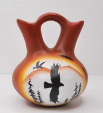 Signed Navajo Hopi Wedding Vase Pottery – Eagle & Feather Sunset Scene, 6"