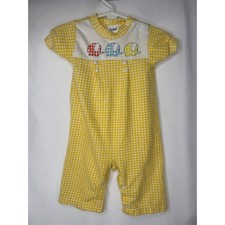 Vtg Carters Baby Romper Yellow White Gingham Elephant 6 Months Preppy USA
