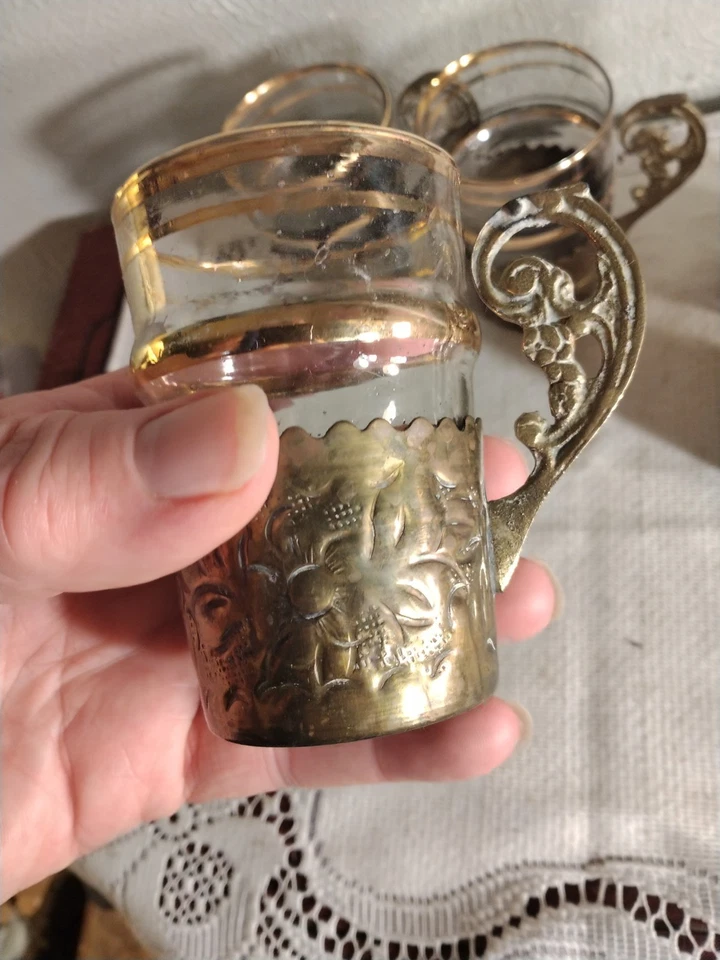 Lot of 5 Vintage Original Early Soda Fountain Glasses & Brass Ornate Cup Holders - Image 2 of 4