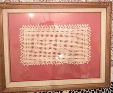 Vintage Filet Hand Crocheted Framed Doily With Glass  FEES  