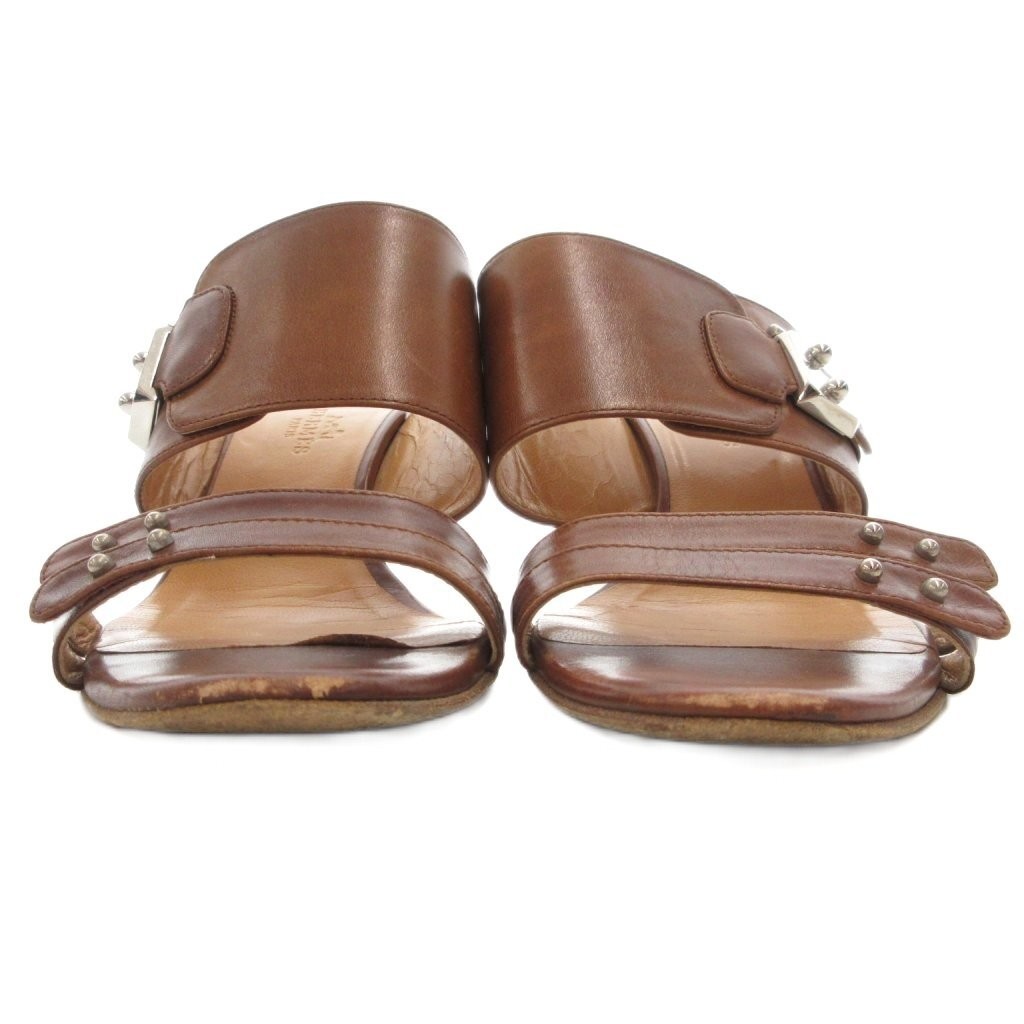 HERMES Luxury Brand Sandals Wide Strap Mule 2.8in Leather Brown Pre-owned Womens thumbnail 5