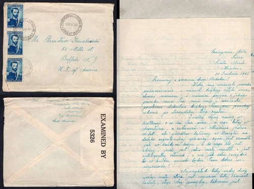 ARGENTINA 1944 Censored Cover to USA. POLISH Settlers Santa Maria Mission Letter