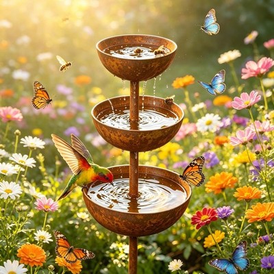 Rain Catcher Plant Support, 3-Tiered Metal Bird Bath and Bee Watering Station...