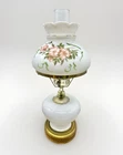 Vintage GWTW Milk Glass Hurricane Parlor Lamp Hand Painted Apple Blossom Working