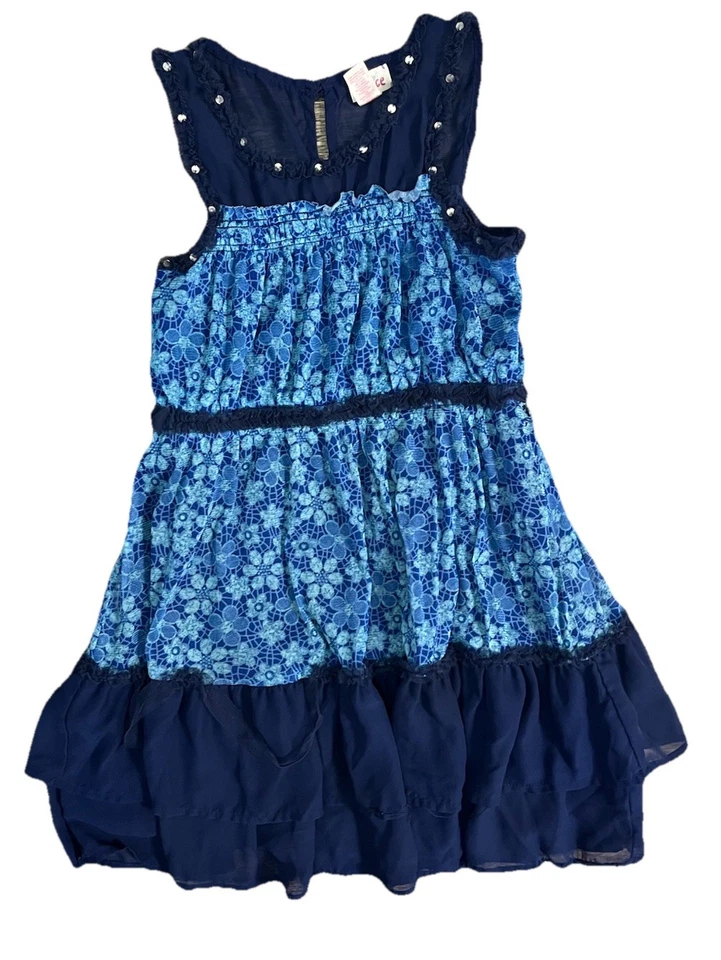 Justice Juniors Size 10 Blue Floral Ruffle Chiffon Sleeveless Dress Flowy Ruffle - Image 2 of 4