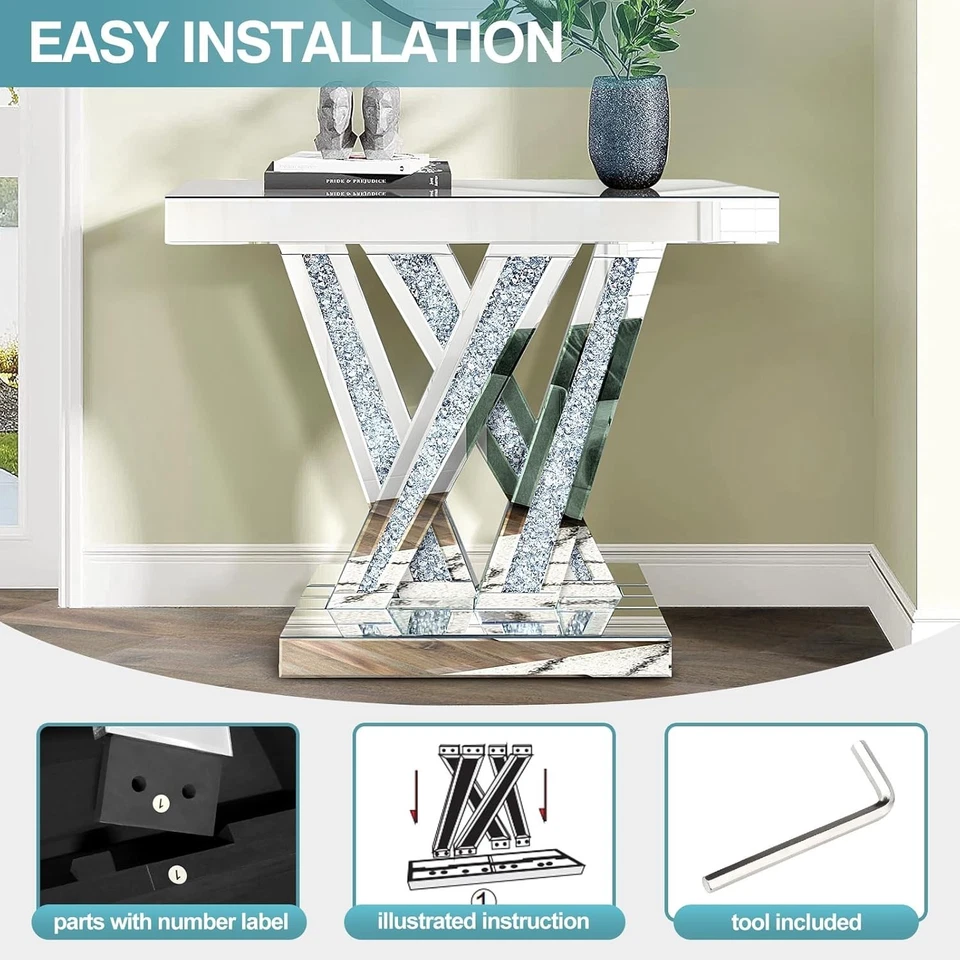 Mesa Consola Moderna 35" Plateada con Espejo Cristal Pasillo Mesa para Salón Foto 4 de 4