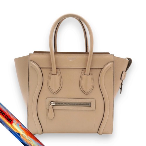 Celine Luggage Micro Shopper Tote Leather Beige Silver Hardware