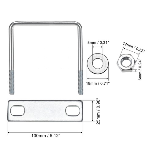 Square U-Bolts 90mm Inner Width Carbon Steel M8 with Nuts Plate Washers 2 Set - Bild 3 von 4