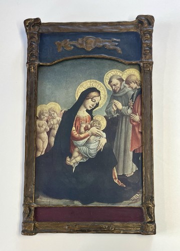 Antique Print The Virgin & Child  W/Saints Francis & Sebastian Wood Gesso Frame