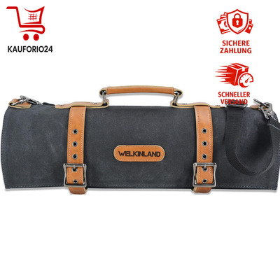 Kochmesser Rolltasche 14 Fächer aus Leinen und Leder für Küchenmesser