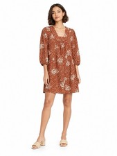 Knox Rose Brown Floral Puff Sleeve Short Square Neck Dress M Rayon Linen