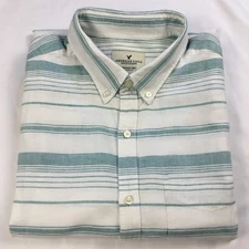American Eagle Mens Shirt L Long Sleeve Seriously Soft Green Stripe Linen Blend