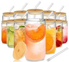 12Pcs Glass Cups with Lids and Straws - 16oz Can Shaped Drinking Glasses Set,...