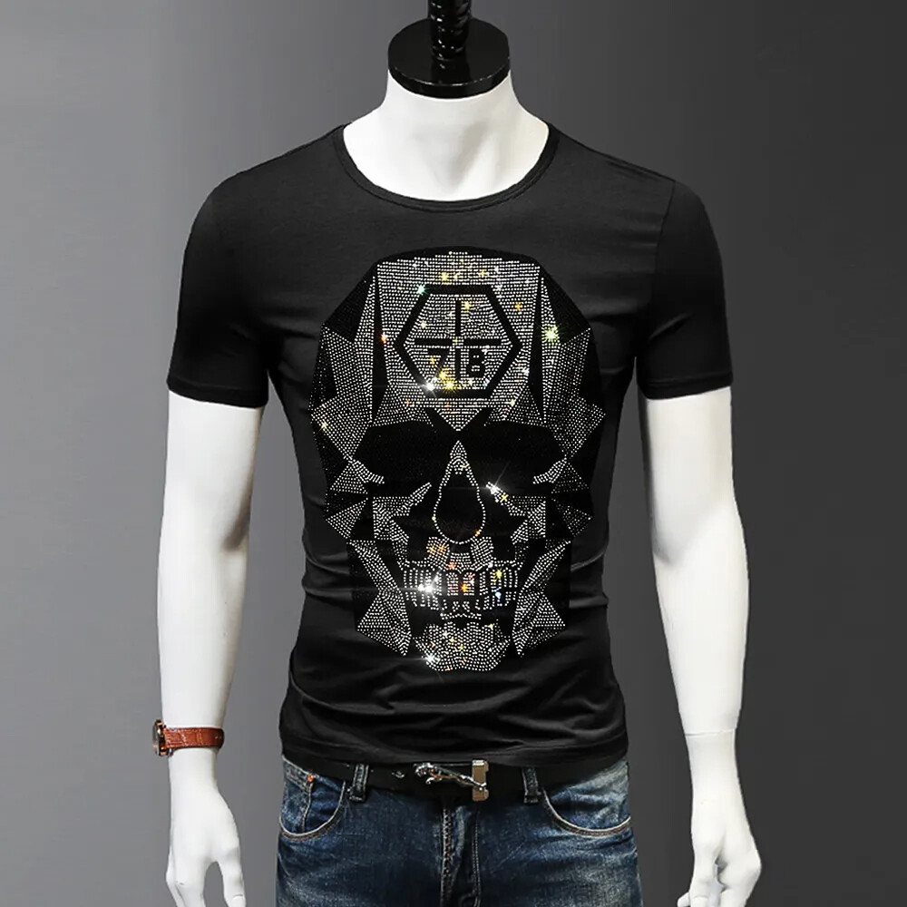 New Fashion Skull Rhinestones Summer Short Sleeve Luxury Men