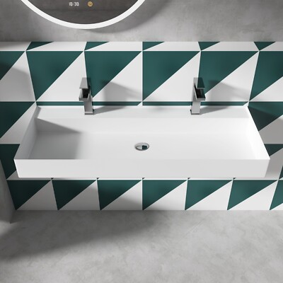47'' Wall Mount Bathroom Sink Solid Surface Stone Resin Floating 2 Faucet Hole